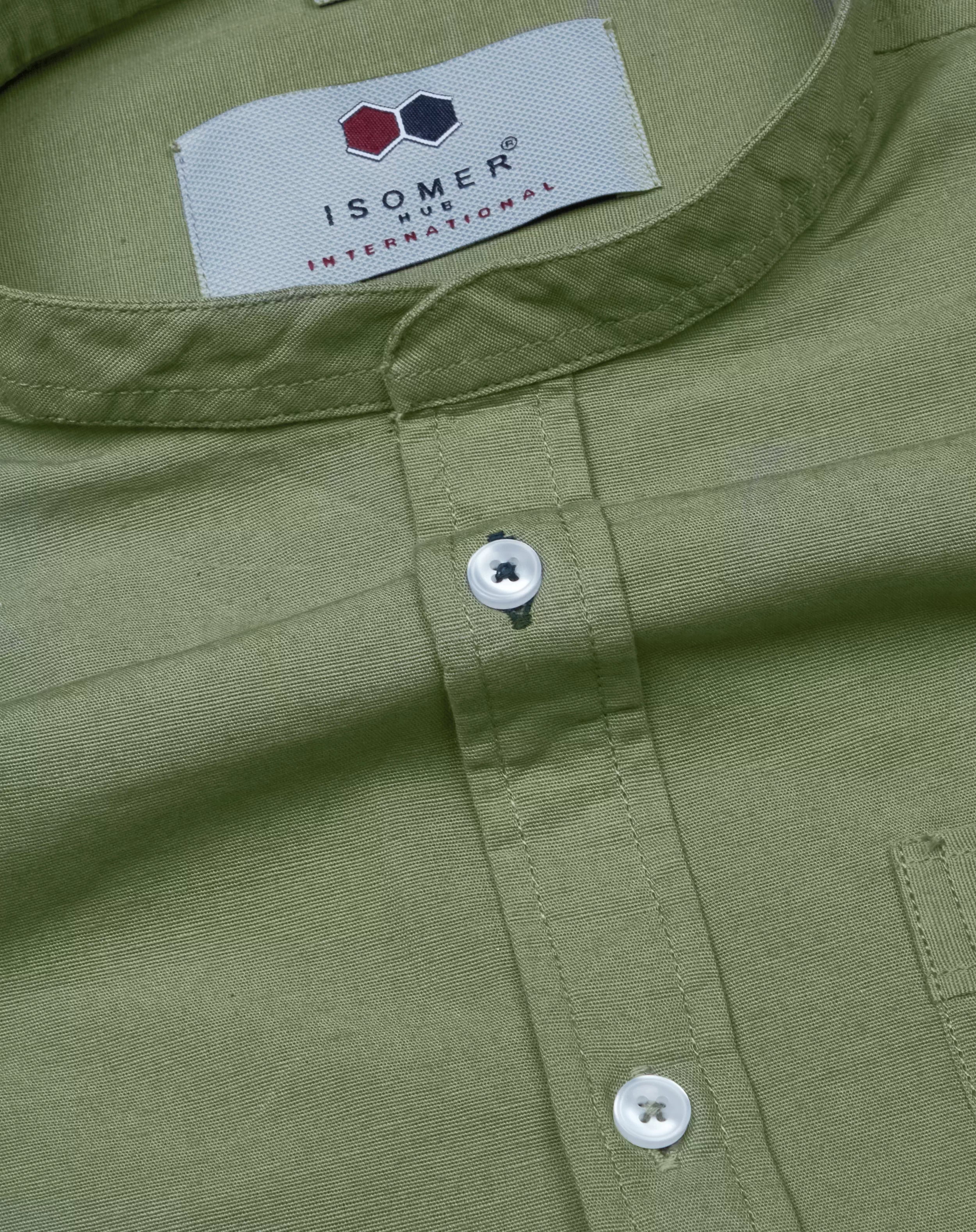 light green jute twill cotton mandarin collar men casual shirt
