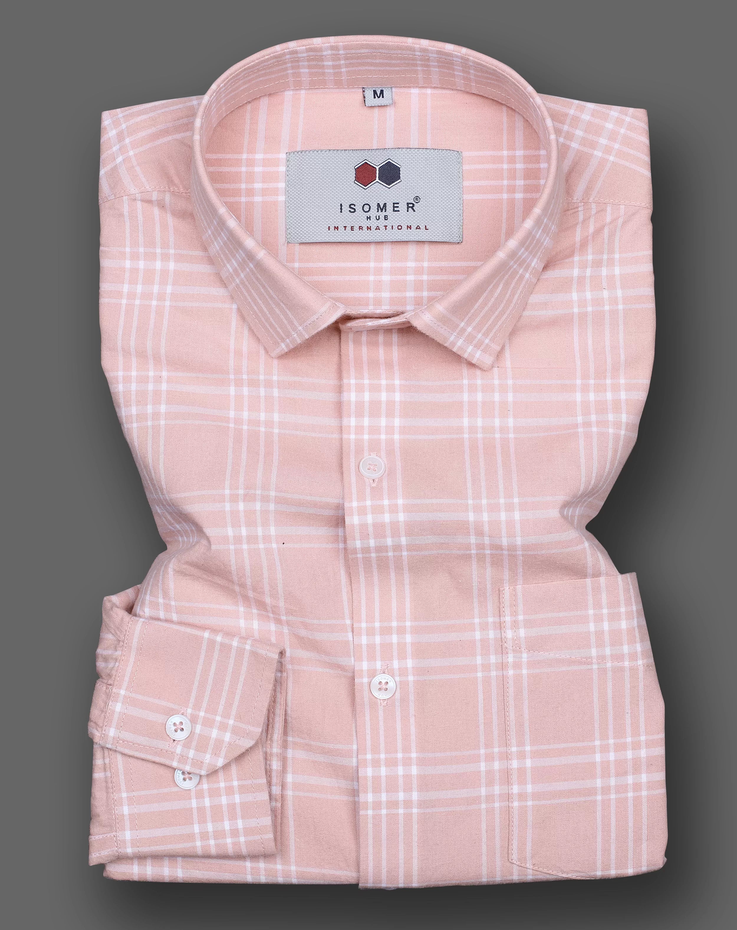 light pink with white windowpane checked spread collar shirt
