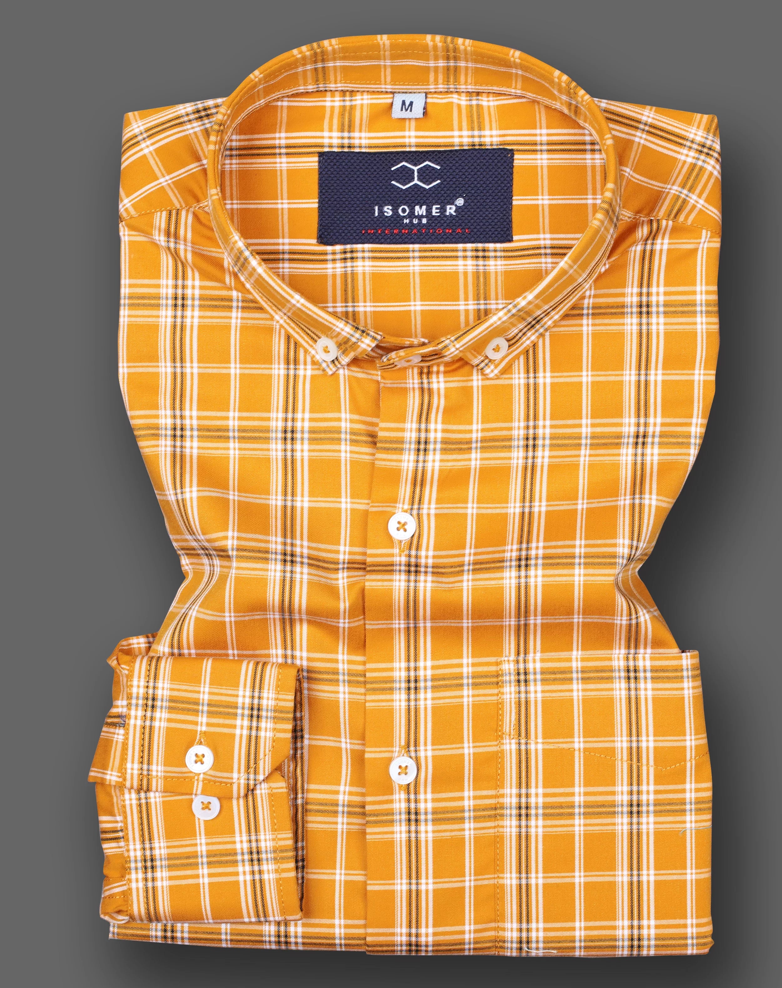 Occure Yellow With Plaid Checked Button Down Collar Shirt