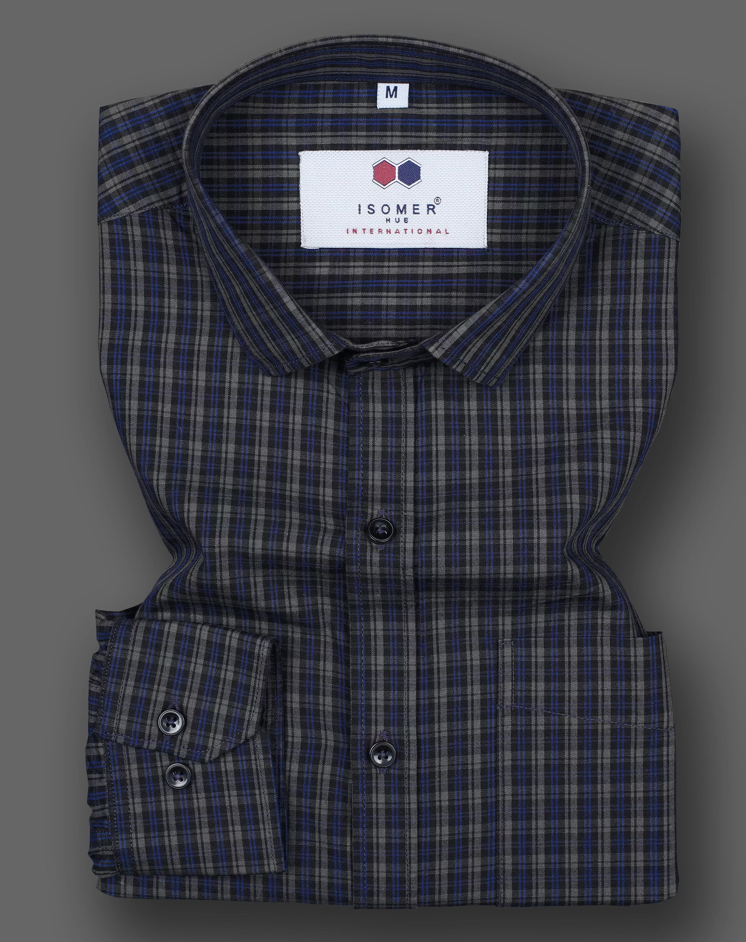 Black With Grey And Blue Tartan Checked Spread Collar Shirt