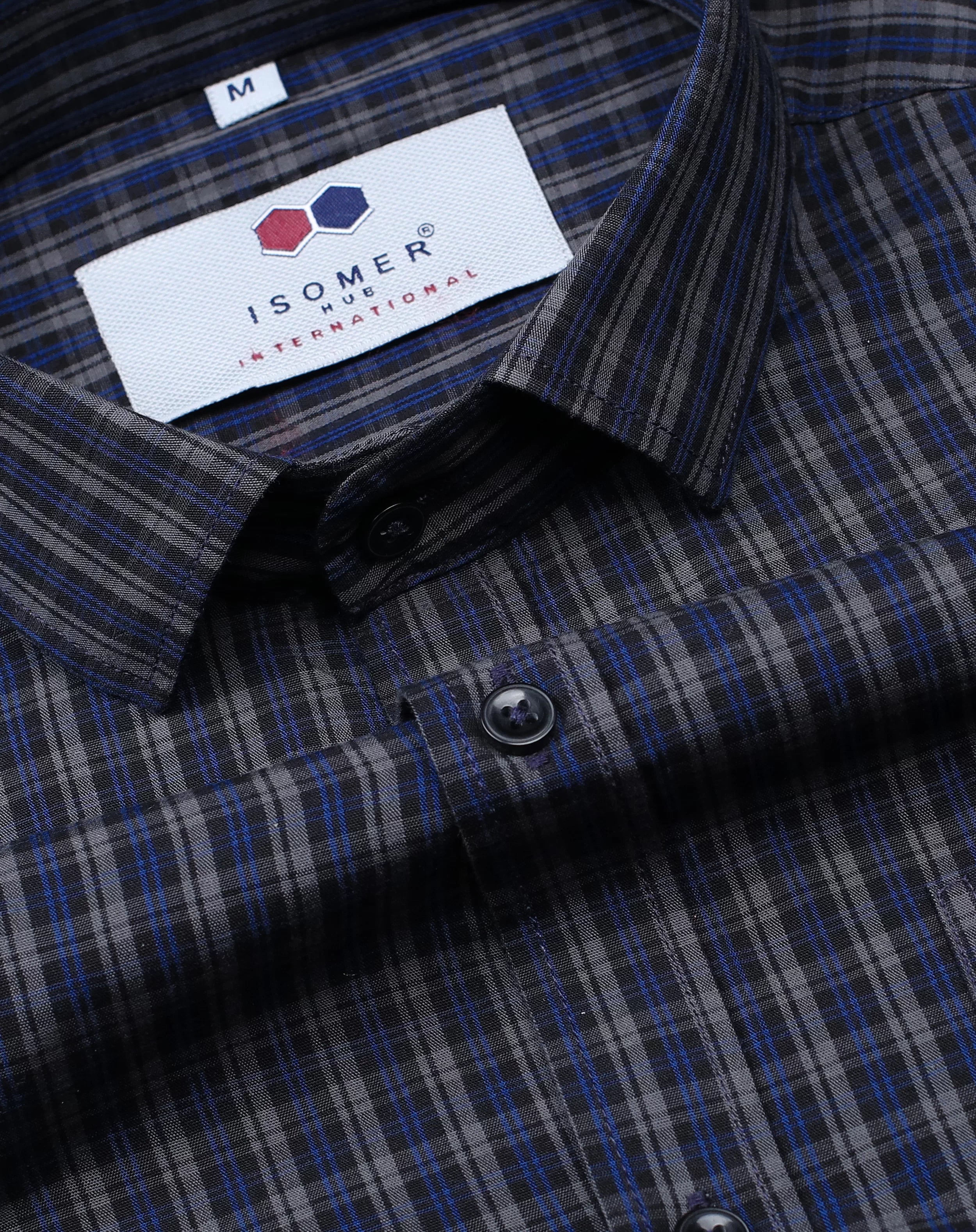 Black With Grey And Blue Tartan Checked Spread Collar Shirt