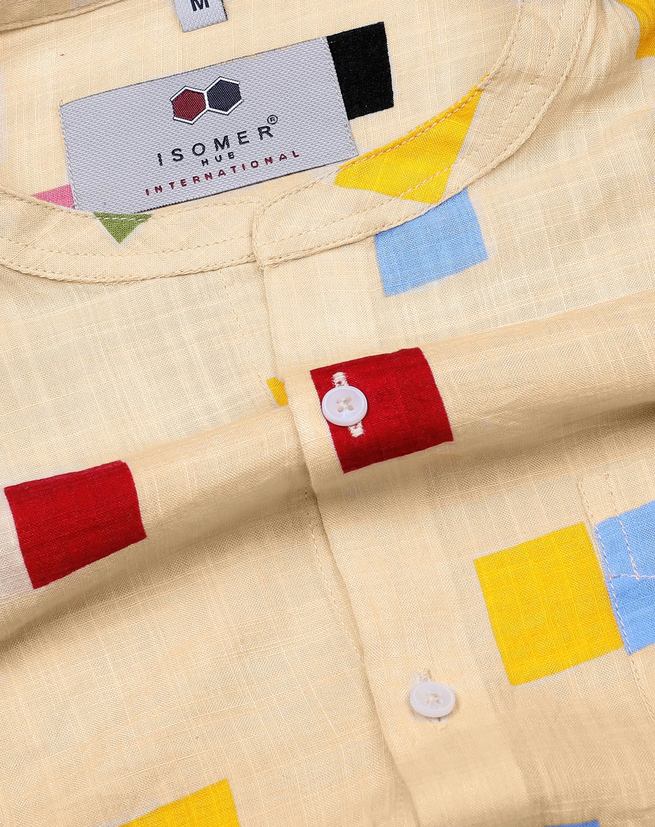 Cream Based Multicolor Square Block Mandarin Collar Shirt