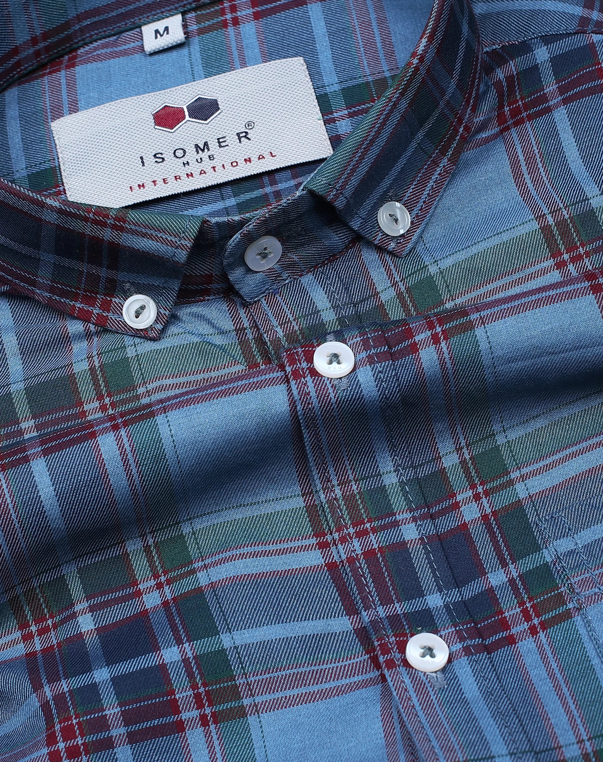 deep blue with red navy blue plaid checked button down collar shirt