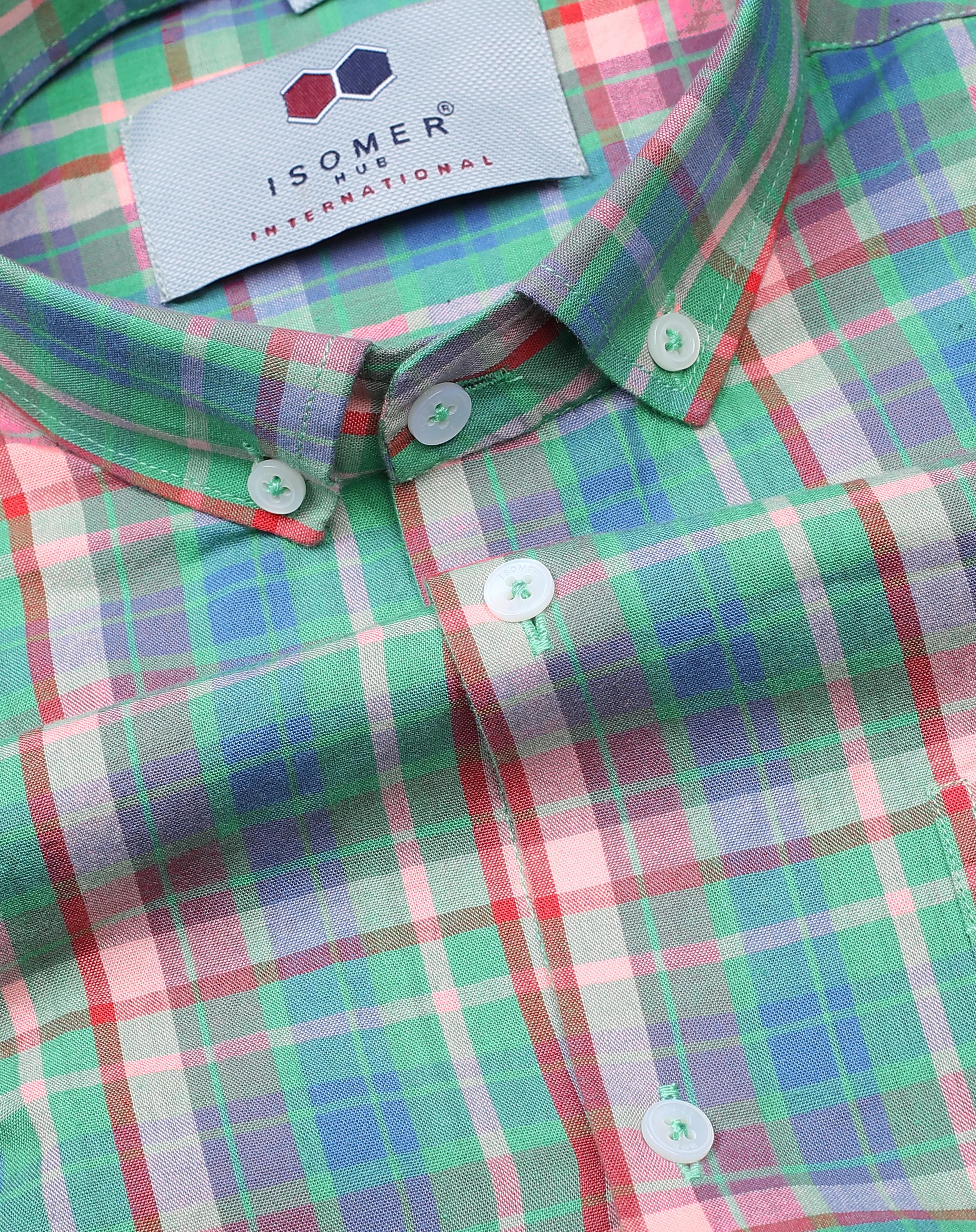parrot green with multicolor check button down collar shirt