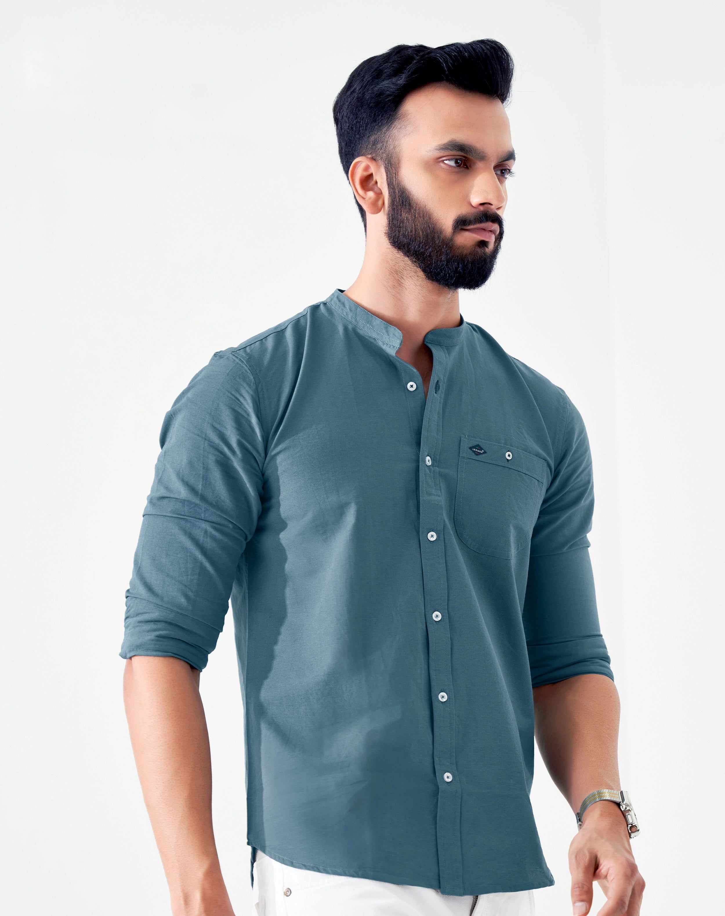 Turquoise Jute Twill Cotton Mandarin Collar Men Casual Shirt