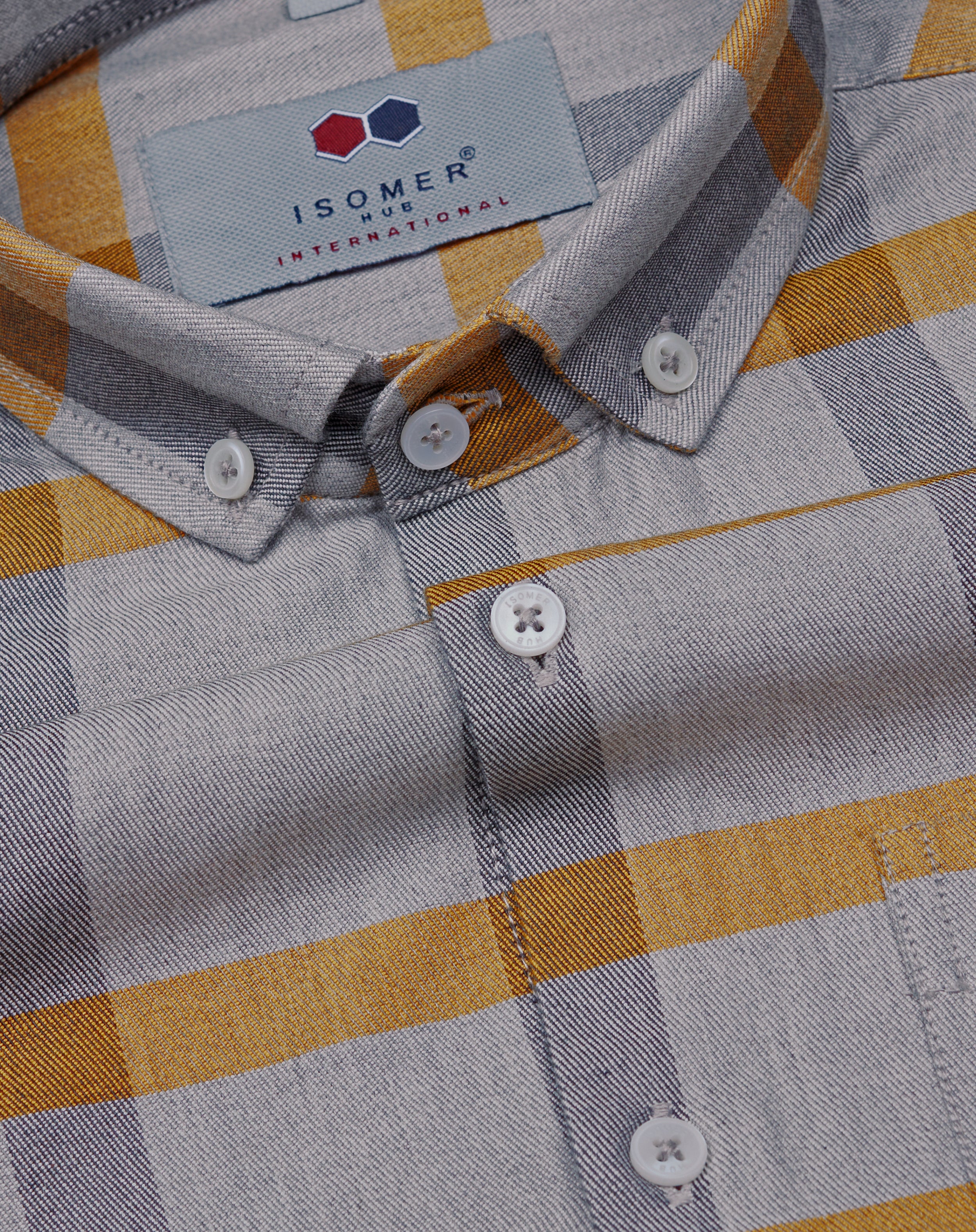light grey with occur yellow and dark grey checked windowpane button down collar shirt