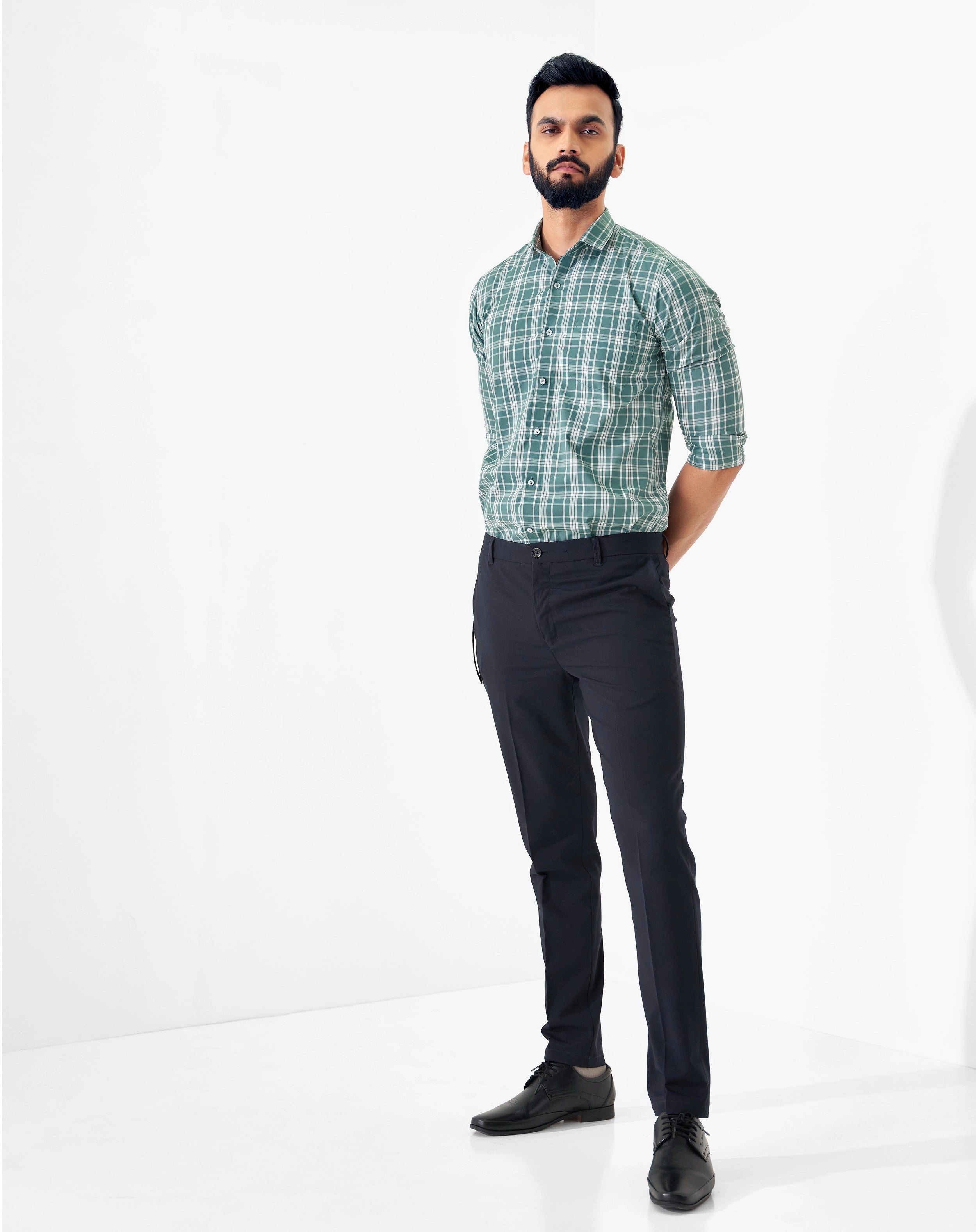 Occur Green With White Plaid Checked Spread Collar Shirt
